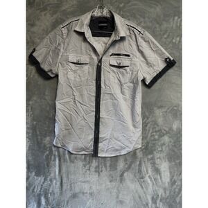 Vertical Sport Men's Shirt  size L White & Navy Button Down Short Sleeve